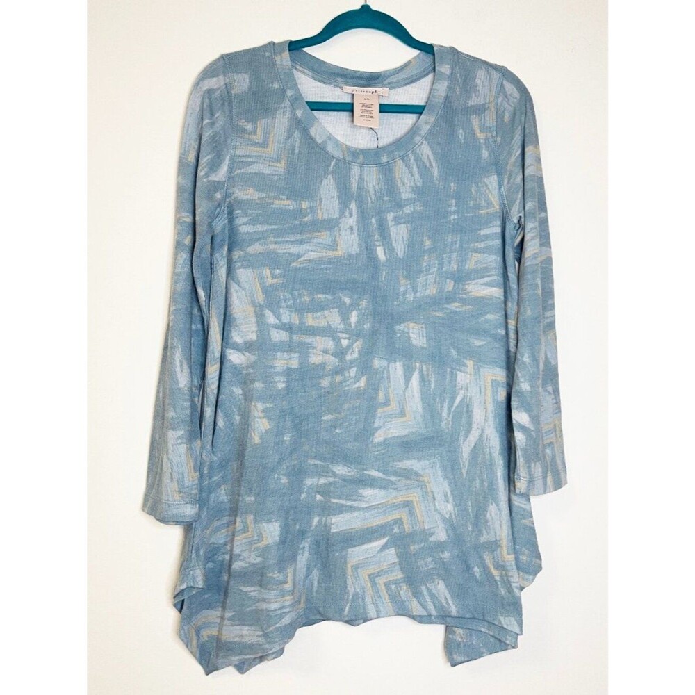 Philosophy Blue Abstract Print Tunic Top Large Asymmetrical Hem Lagenlook